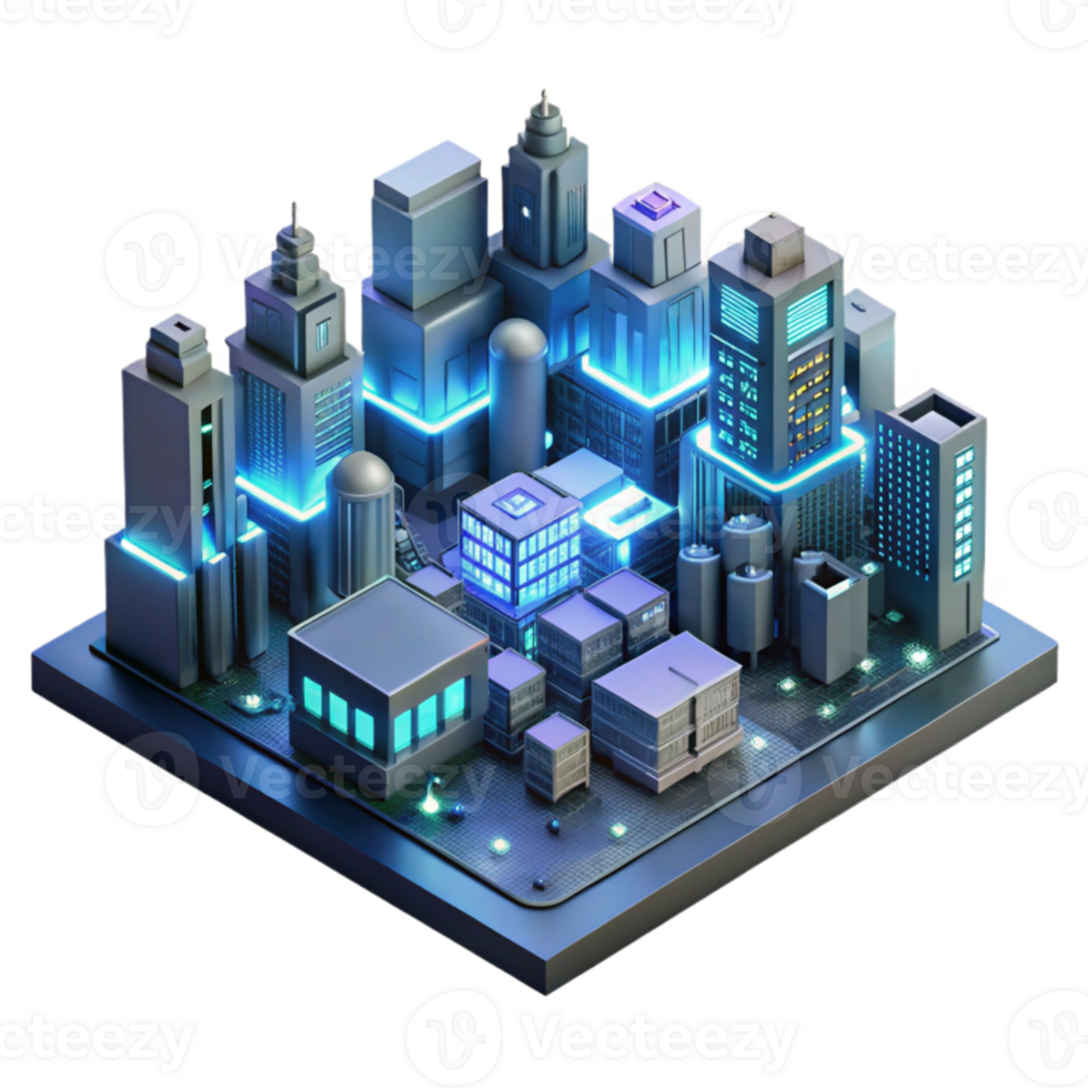 elegant abstract A microscale city built on a circuit board, glowing LEDs, intricate wiring, cyberpunk aesthetic, dark background with neon accents, detailed png