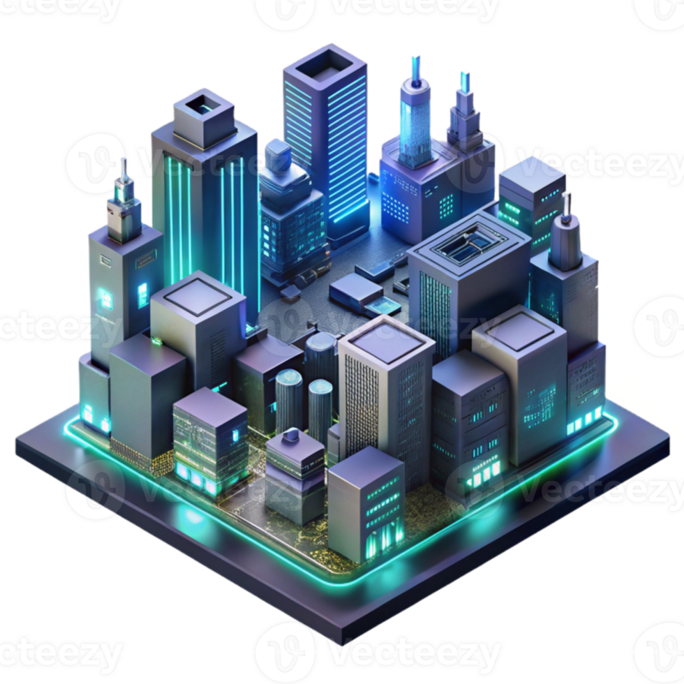 extraordinary artistic A microscale city built on a circuit board, glowing LEDs, intricate wiring, cyberpunk aesthetic, dark background with neon accents, high resolution png