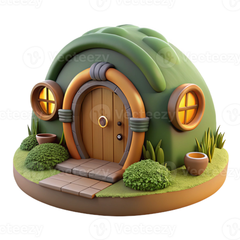 stunning minimalist A hobbit hole, nestled into a hillside, round wooden door, cozy interior lighting, whimsical fantasy style, genuine png