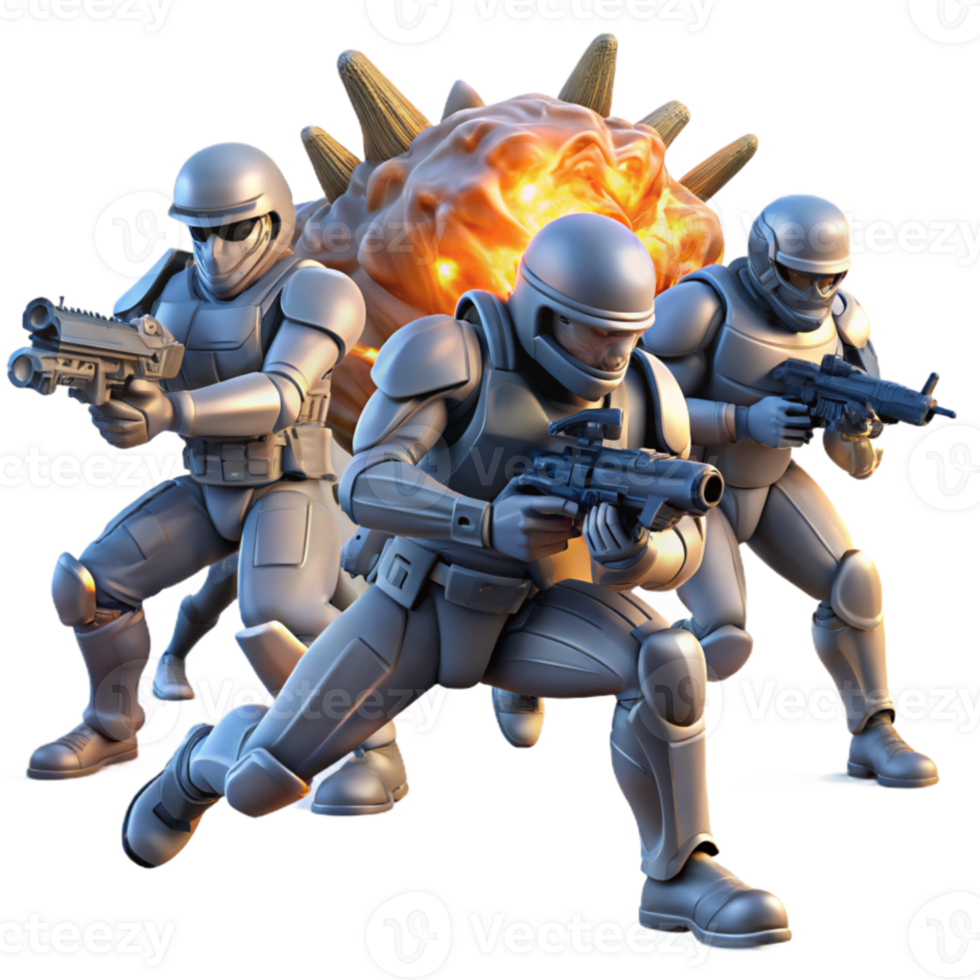 elegant vintage A group of futuristic soldiers, equipped with energy weapons, charge towards a colossal, alien creature amidst a ruined cityscape. Dynamic poses and explosions.... png