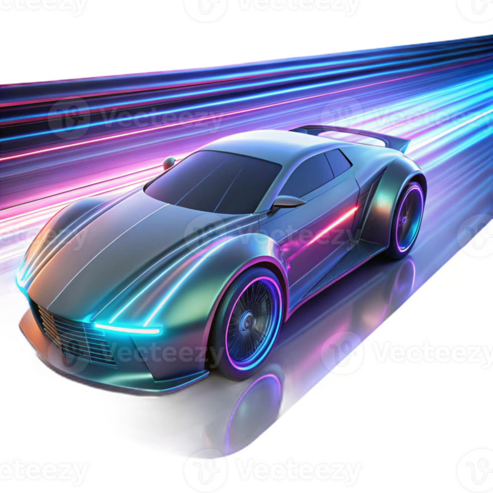 dramatic abstract A futuristic racing vehicle, its body covered in glowing neon lines, speeds through a tunnel of light. Motion blur and light trails. Vibrant, energetic lighting.... png