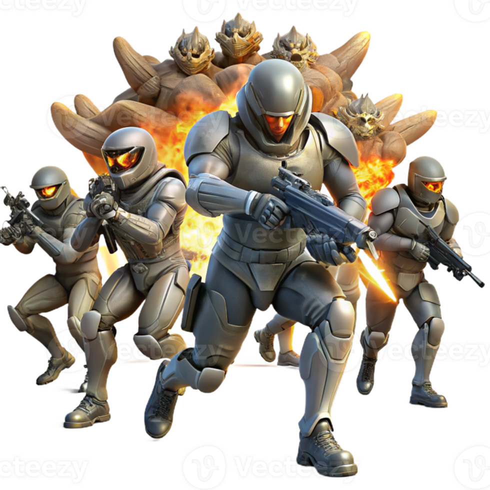magnificent traditional A group of futuristic soldiers, equipped with energy weapons, charge towards a colossal, alien creature amidst a ruined cityscape. Dynamic poses and explosions.... png