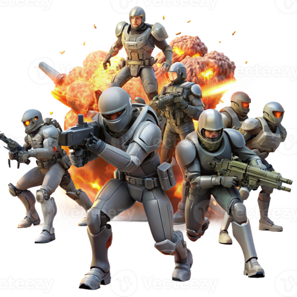 wonderful vintage A group of futuristic soldiers, equipped with energy weapons, charge towards a colossal, alien creature amidst a ruined cityscape. Dynamic poses and explosions.... png