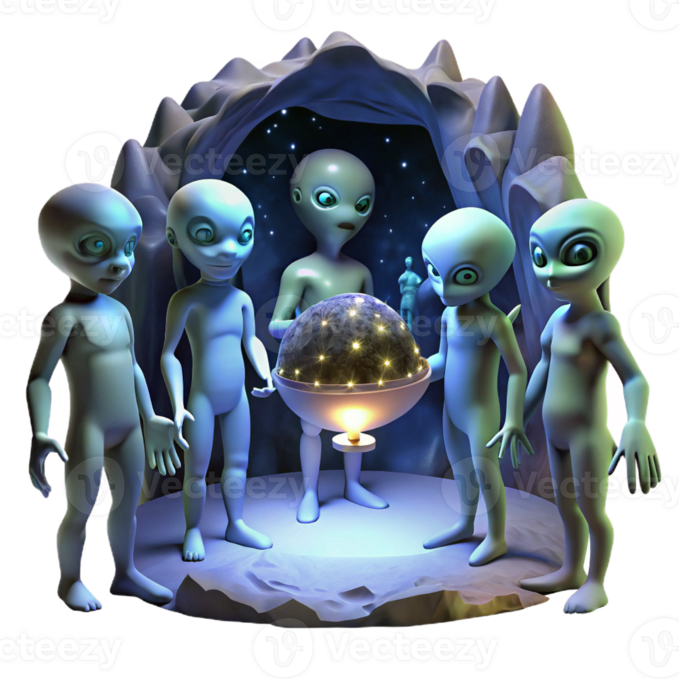 wonderful traditional A group of aliens, with diverse and unusual features, gather around a glowing artifact in a dark, cavernous space. Detailed alien anatomy. Mysterious, dim lighting.... png