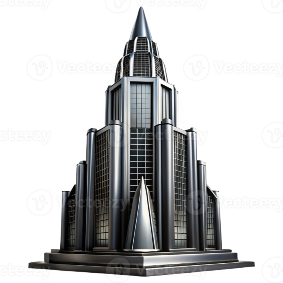 magnificent rustic Art Deco skyscraper, chrome and black glass, sharp lines, volumetric lighting, high contrast, cinematic angle, original png