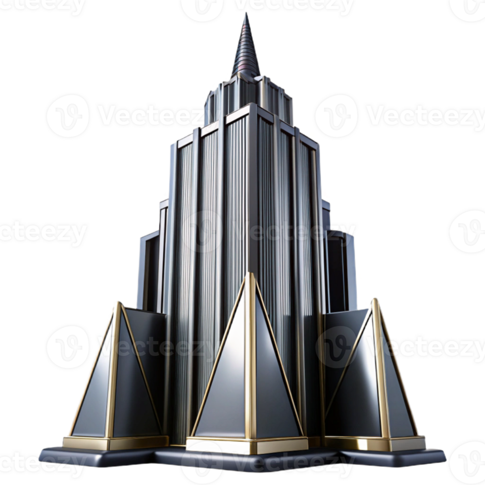 wonderful minimalist Art Deco skyscraper, chrome and black glass, sharp lines, volumetric lighting, high contrast, cinematic angle, professional png