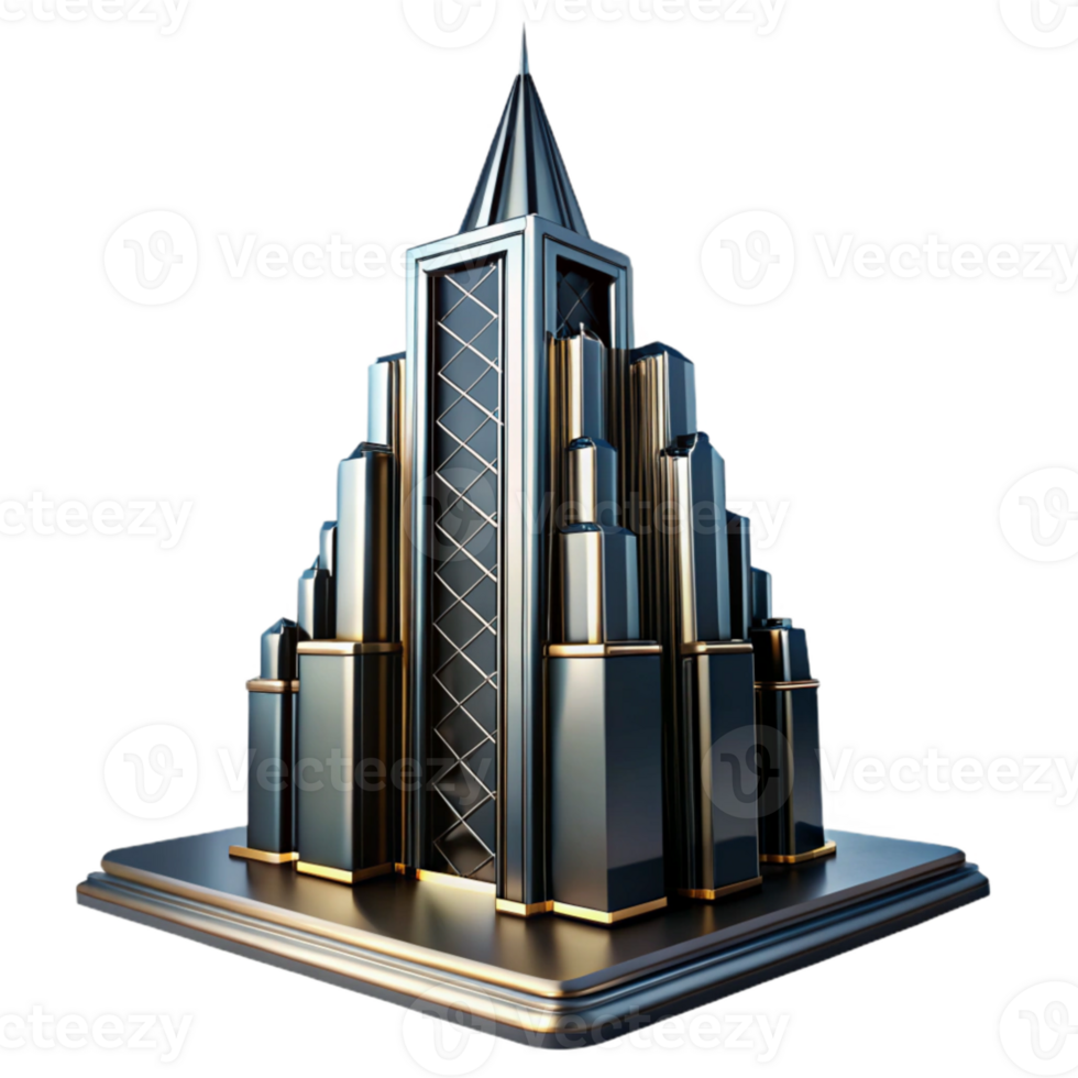 dramatic modern Art Deco skyscraper, chrome and black glass, sharp lines, volumetric lighting, high contrast, cinematic angle, authentic png