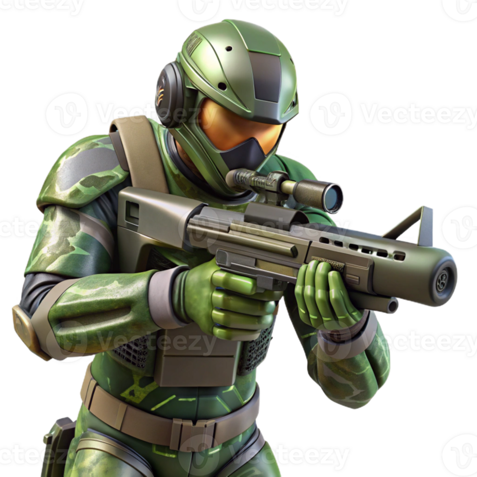 dramatic modern A futuristic soldier, wearing a camouflage suit that blends with the surrounding environment, aims a high-tech rifle. Realistic camouflage patterns. Dim, tactical lighting.... png
