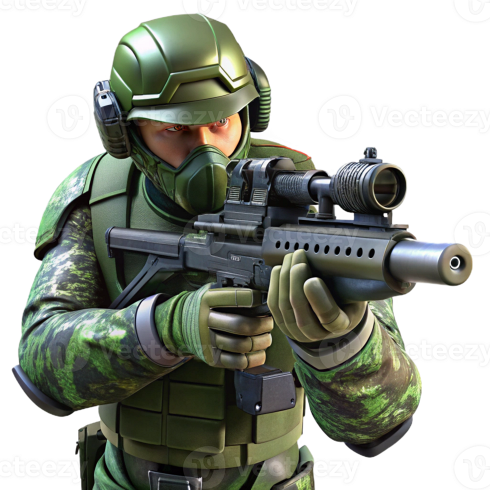 vibrant rustic A futuristic soldier, wearing a camouflage suit that blends with the surrounding environment, aims a high-tech rifle. Realistic camouflage patterns. Dim, tactical lighting.... png