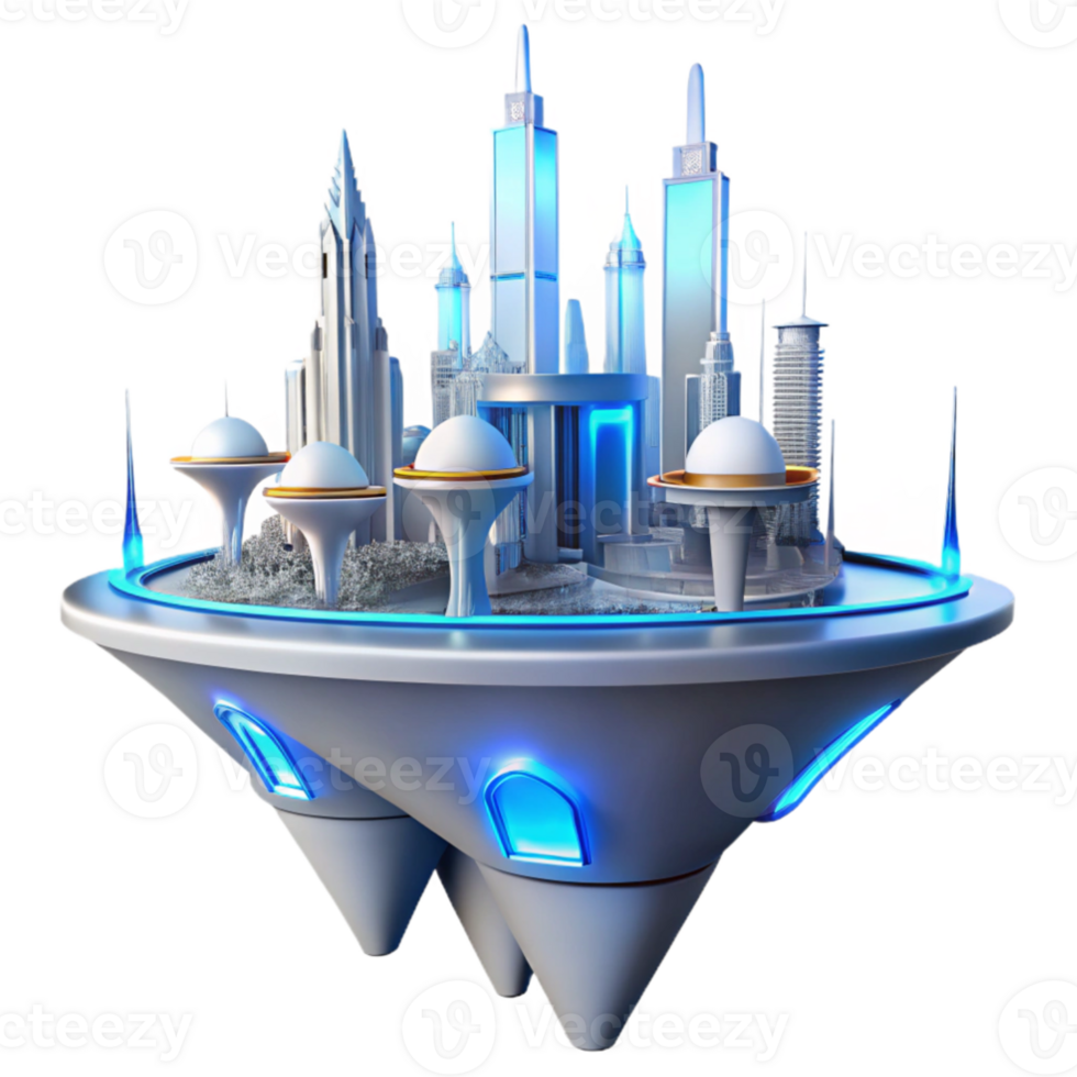 beautiful artistic A futuristic floating city, sleek white and silver structures connected by glowing blue bridges, low angle view, neon lights, cyberpunk style, genuine png
