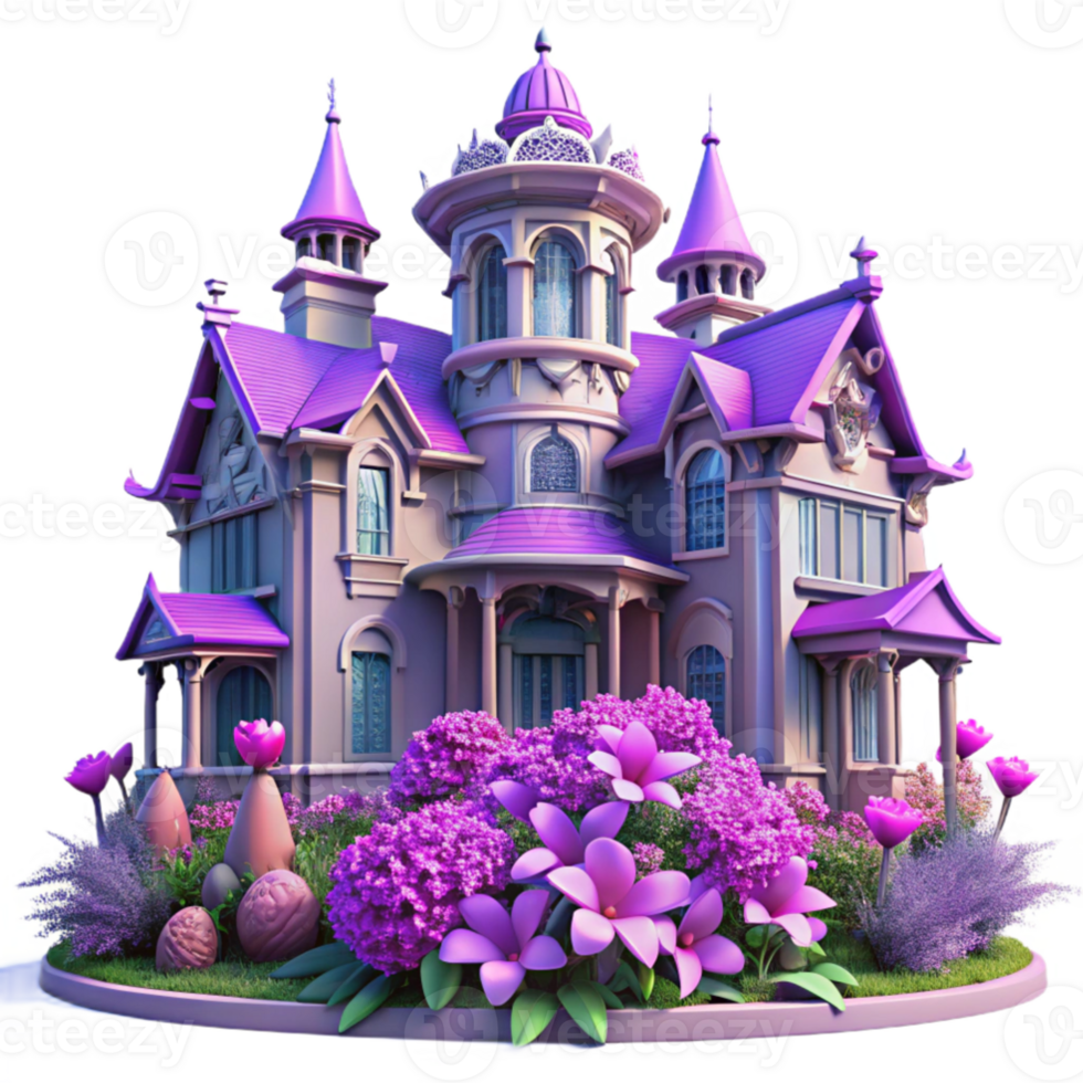 wonderful creative Victorian mansion overgrown with vibrant purple and pink flowers, soft diffuse lighting, whimsical, dreamlike, high quality png