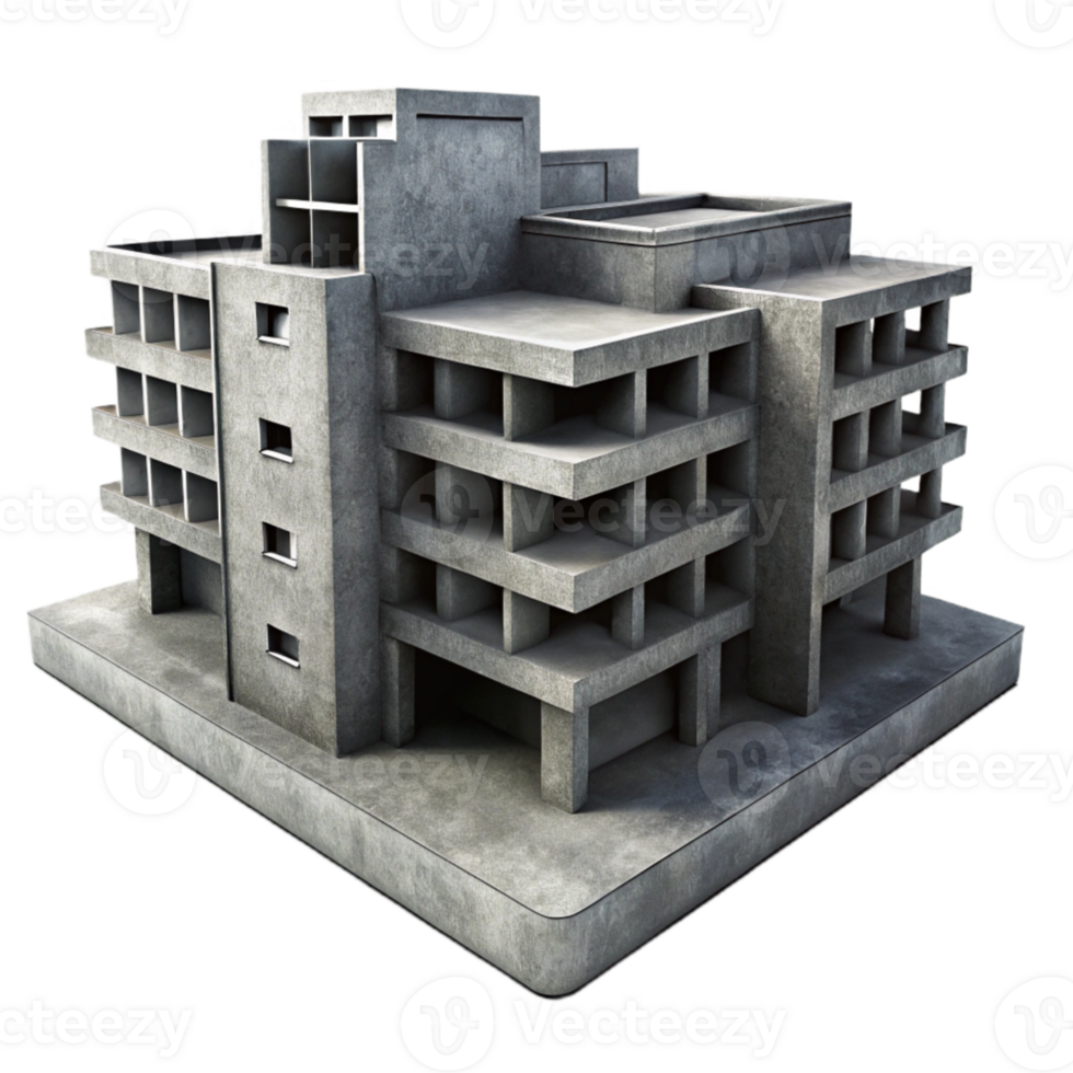 impressive creative Brutalist concrete apartment complex, harsh shadows, monochrome, gritty, photorealistic, centered composition, authentic png