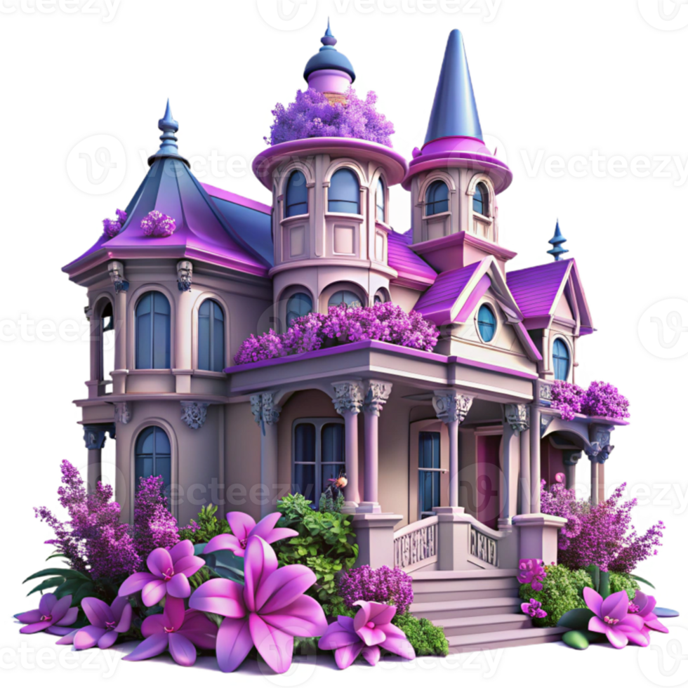 serene rustic Victorian mansion overgrown with vibrant purple and pink flowers, soft diffuse lighting, whimsical, dreamlike, high resolution png