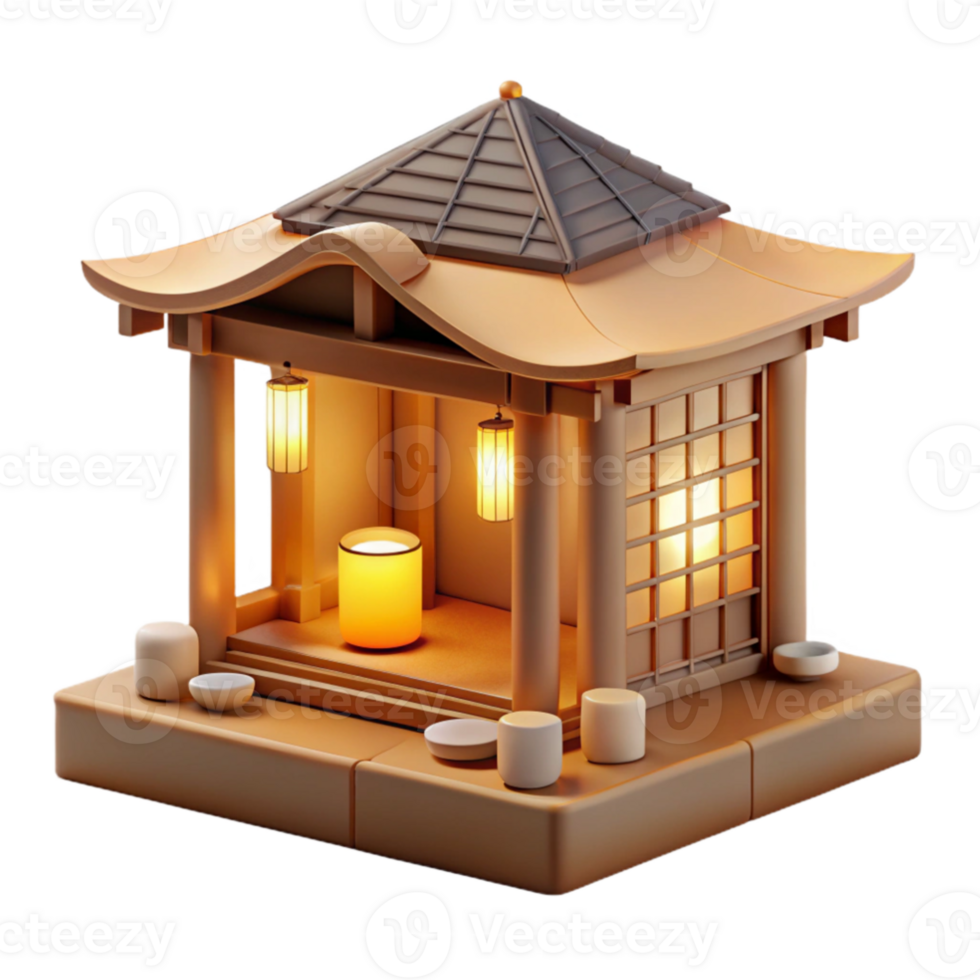 elegant creative A Japanese tea house made of bamboo and paper, soft warm light from within, peaceful, minimalist, detailed png