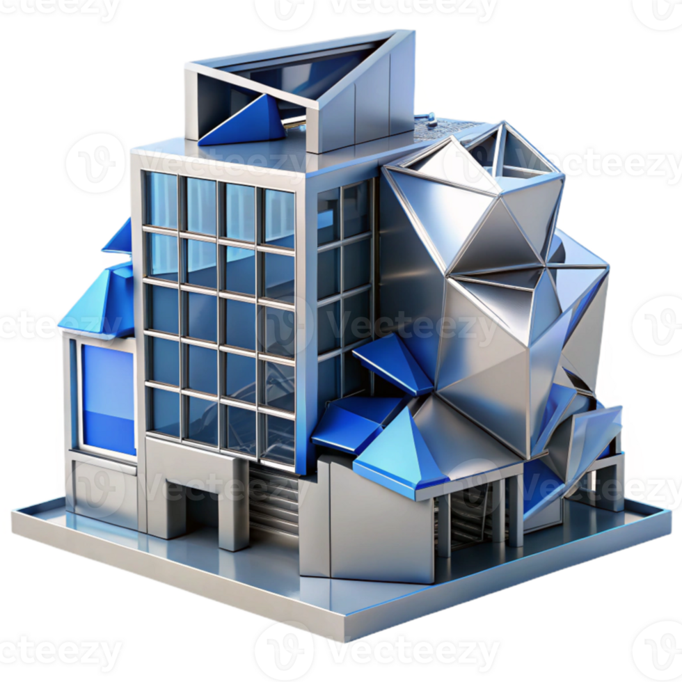 dramatic contemporary Deconstructivist office building, fragmented geometric shapes, metallic textures, cold blue lighting, abstract, professional png