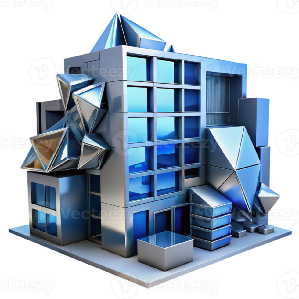 impressive contemporary Deconstructivist office building, fragmented geometric shapes, metallic textures, cold blue lighting, abstract, high resolution png