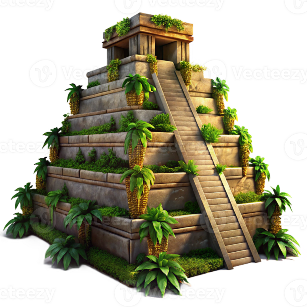impressive artistic An ancient Mayan pyramid overgrown with jungle vines, dramatic sunset lighting, mysterious, hyperrealistic, authentic png