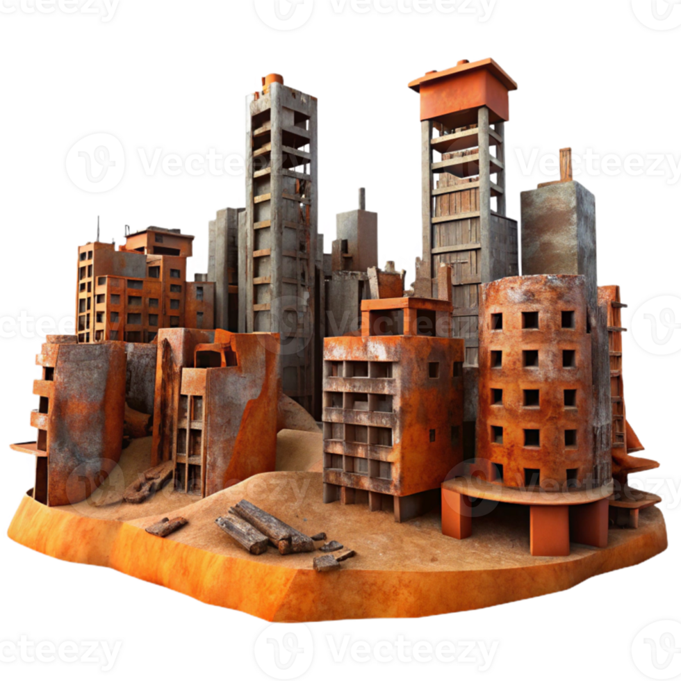 beautiful contemporary A post-apocalyptic cityscape, crumbling buildings and rusted metal, orange and brown color palette, desolate, matte painting style, detailed png