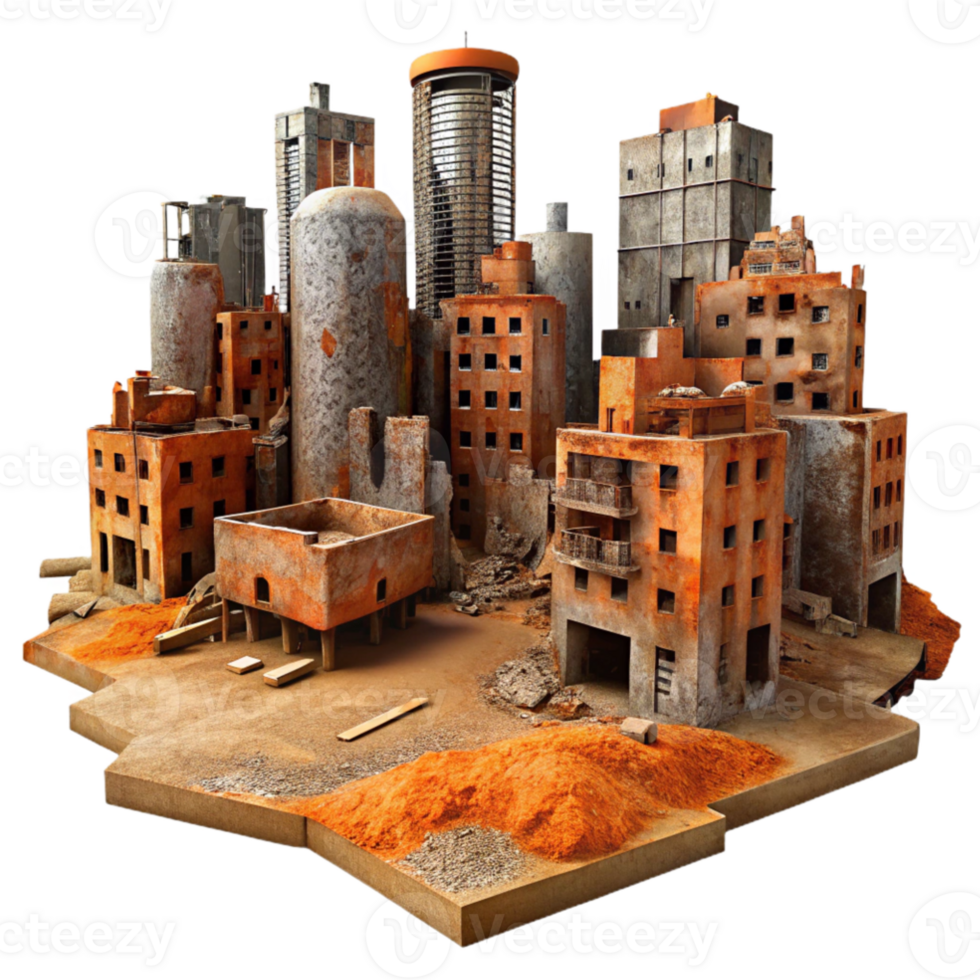 impressive modern A post-apocalyptic cityscape, crumbling buildings and rusted metal, orange and brown color palette, desolate, matte painting style, genuine png