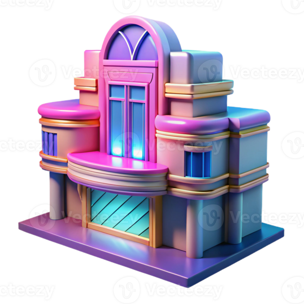 serene contemporary An Art Deco cinema, geometric facade with neon signage, vibrant pink and blue lighting, retro futuristic, cinematic angle, detailed png