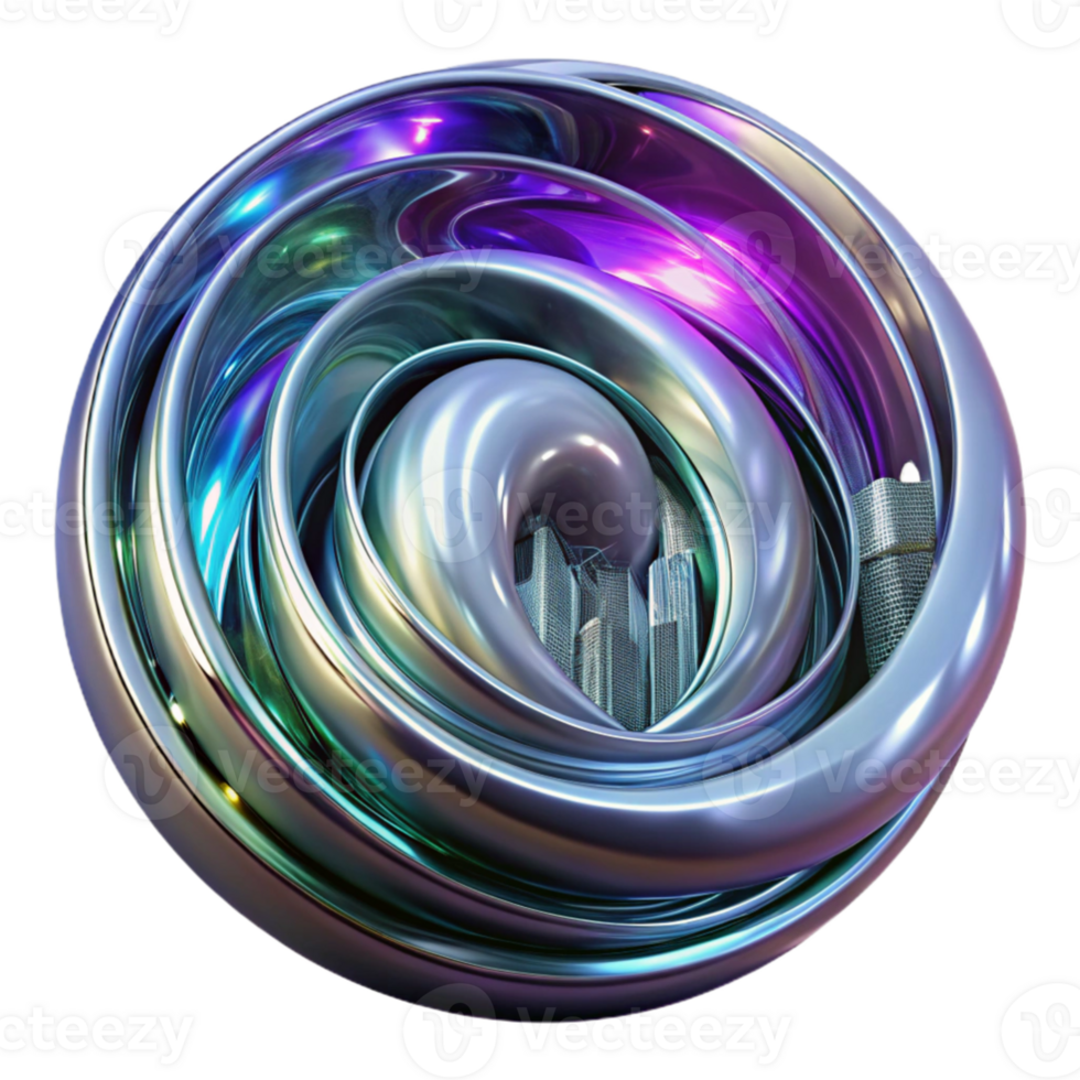 impressive contemporary A swirling vortex of liquid chrome, reflecting a distorted cityscape, illuminated by neon signs, in a cyberpunk style high quality png
