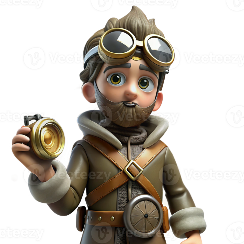 impressive modern A lone steampunk explorer in a leather aviator jacket and goggles, holding a complex compass, amidst swirling dust motes in a dim, dusty attic, cinematic lighting premium png