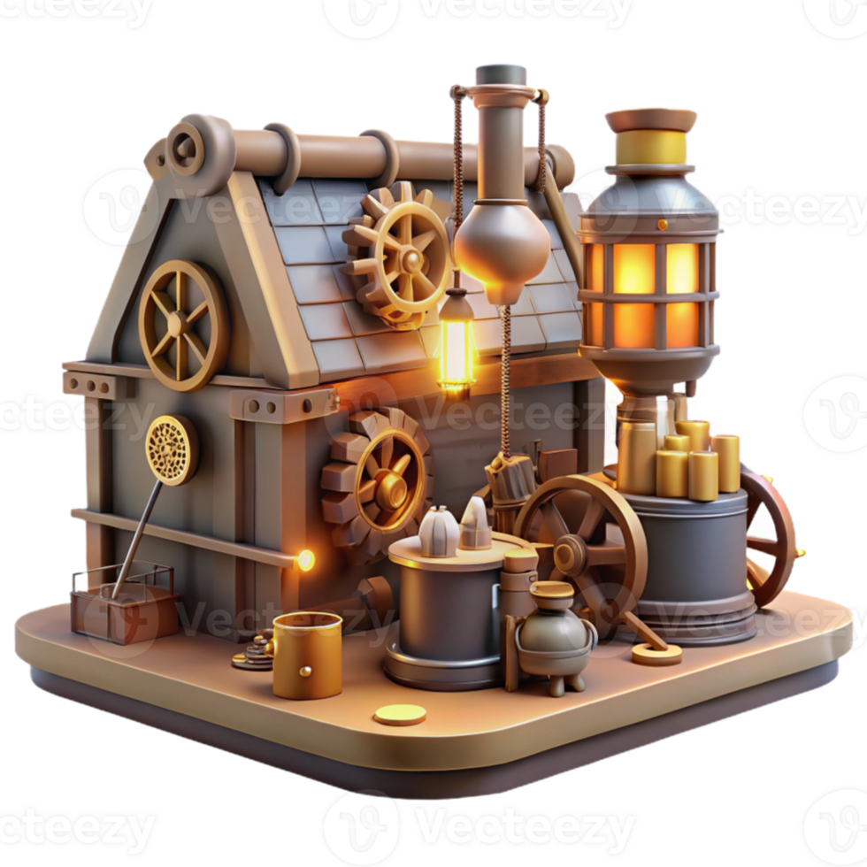 extraordinary abstract A cluttered steampunk workshop, overflowing with gears, tools, and half-finished contraptions, lit by flickering gaslight, realistic style high resolution png
