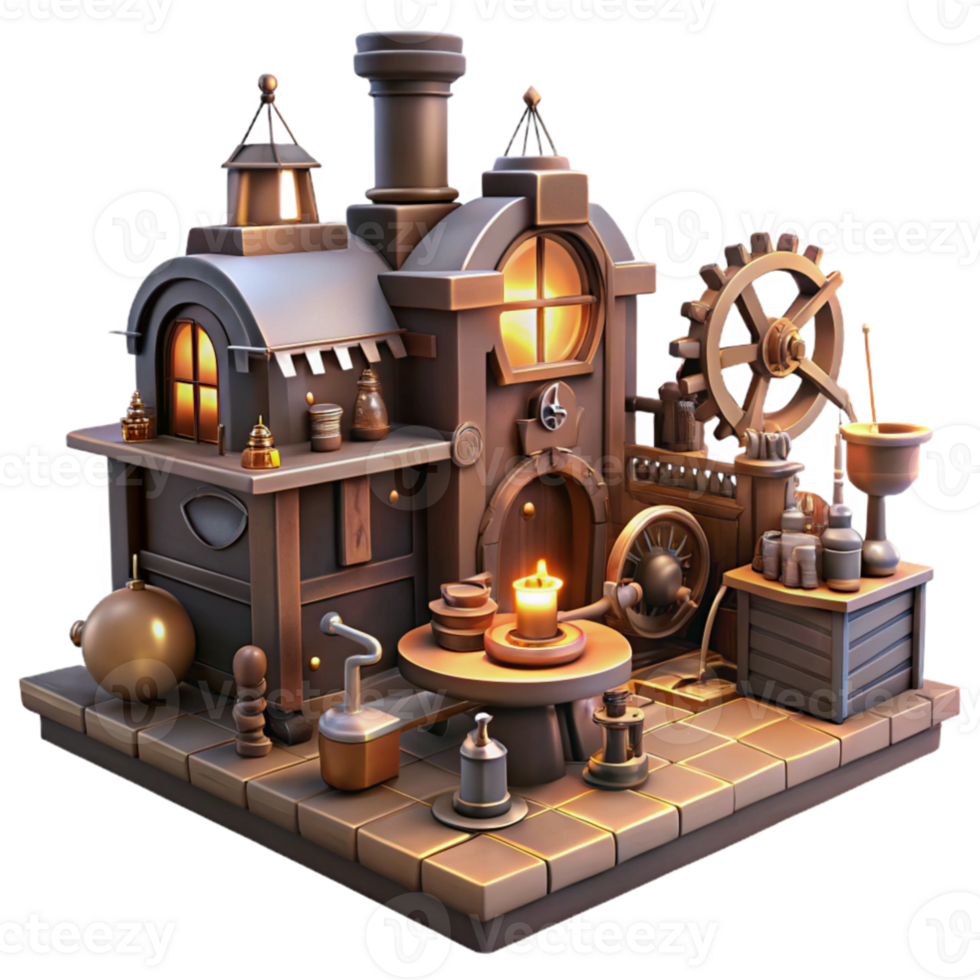 serene abstract A cluttered steampunk workshop, overflowing with gears, tools, and half-finished contraptions, lit by flickering gaslight, realistic style high resolution png