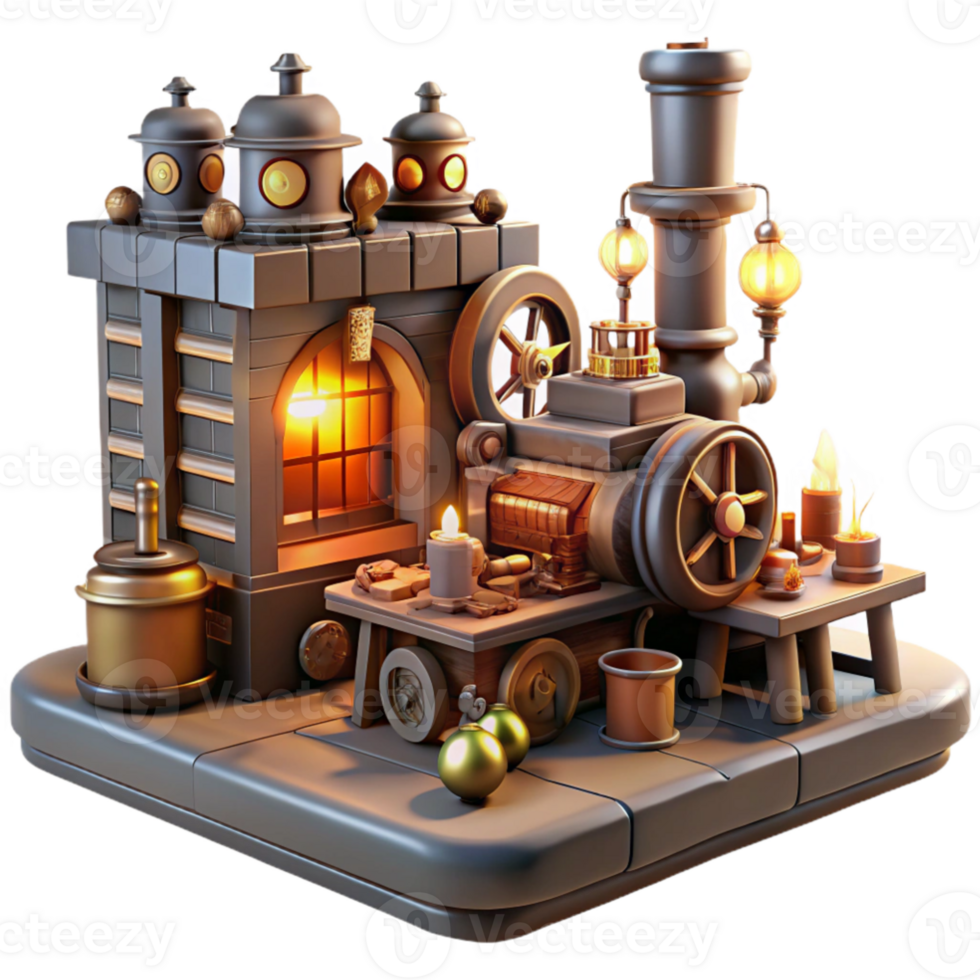 serene artistic A cluttered steampunk workshop, overflowing with gears, tools, and half-finished contraptions, lit by flickering gaslight, realistic style professional png
