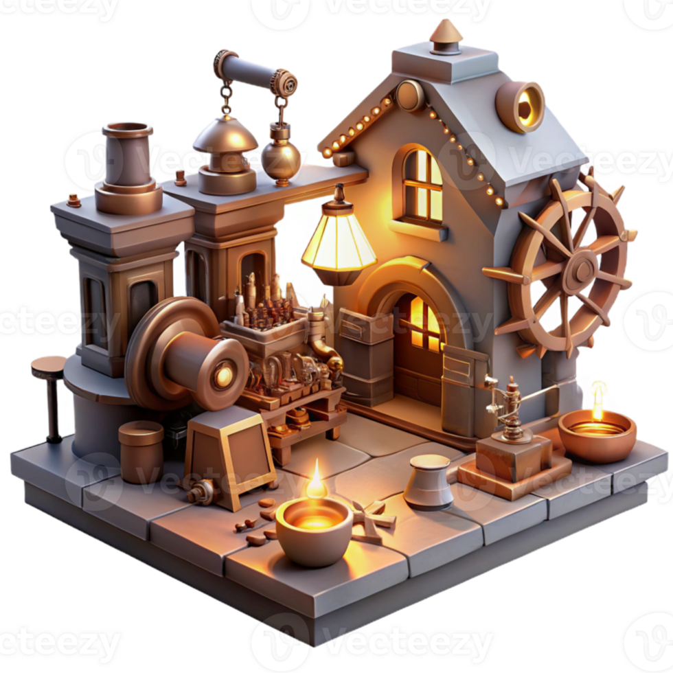 elegant creative A cluttered steampunk workshop, overflowing with gears, tools, and half-finished contraptions, lit by flickering gaslight, realistic style authentic png