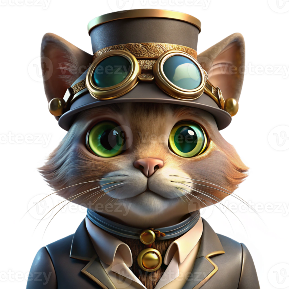 magnificent abstract A portrait of a steampunk cat wearing tiny goggles and a top hat, intricate detail, warm, Rembrandt lighting, painterly style professional png