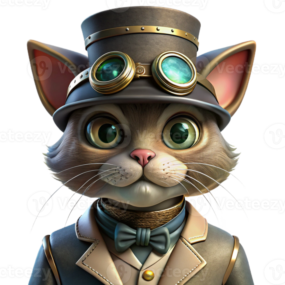 extraordinary abstract A portrait of a steampunk cat wearing tiny goggles and a top hat, intricate detail, warm, Rembrandt lighting, painterly style authentic png
