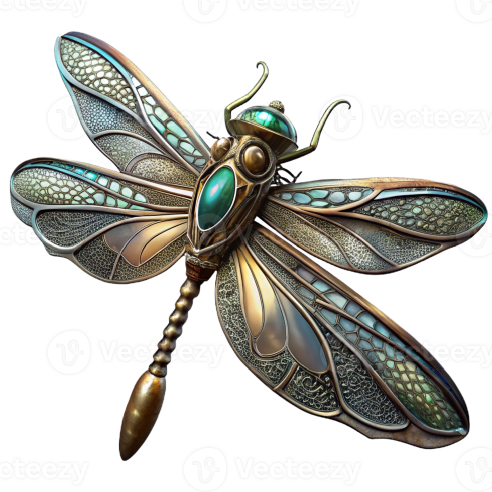 impressive minimalist A delicate steampunk dragonfly crafted from filigree metal and stained glass, illuminated by a single spotlight, ethereal style detailed png