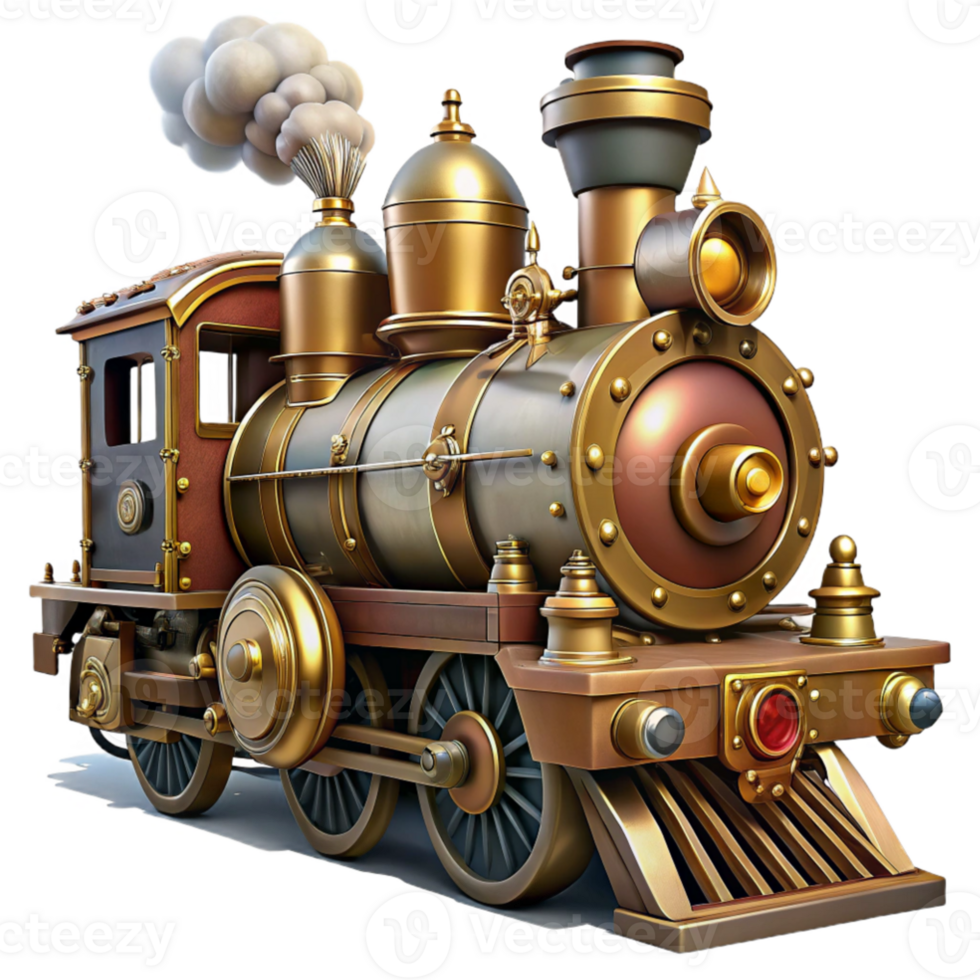 serene traditional A powerful steampunk locomotive, billowing steam, intricate brass details, dynamic lighting, dieselpunk style high resolution png