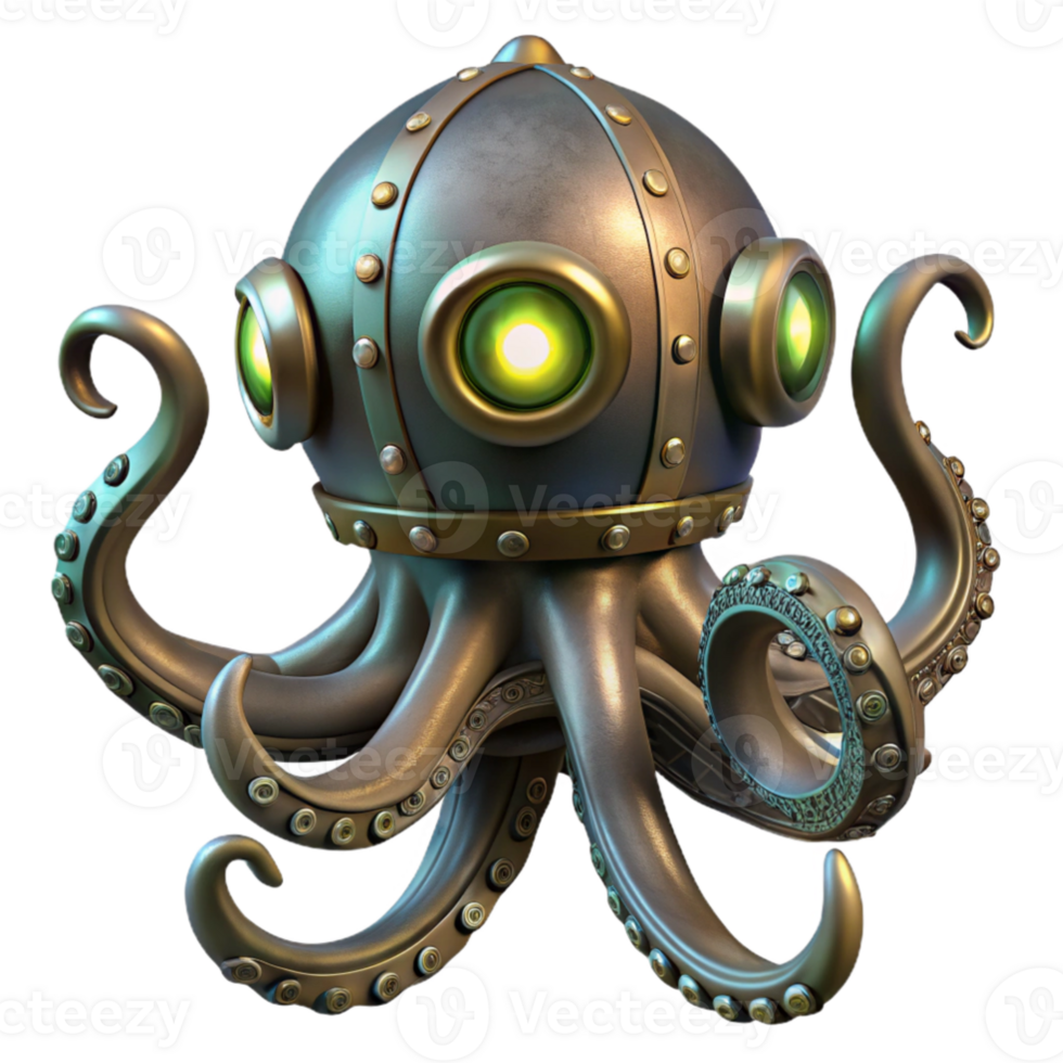 dramatic contemporary A steampunk octopus with brass tentacles and glowing eyes, deep sea setting, bioluminescent lighting, dark fantasy style high resolution png