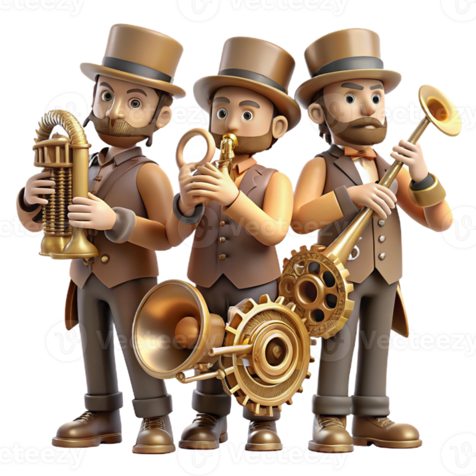 beautiful creative A group of steampunk musicians playing brass instruments with integrated gears and pipes, stage lighting, art nouveau style genuine png