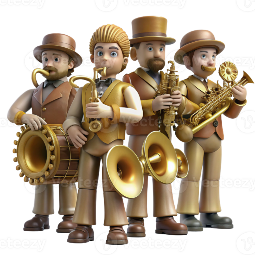 elegant modern A group of steampunk musicians playing brass instruments with integrated gears and pipes, stage lighting, art nouveau style 4K png