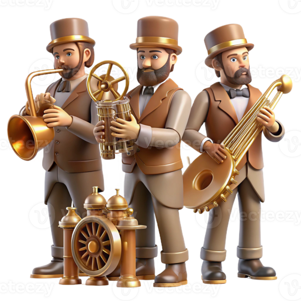 extraordinary artistic A group of steampunk musicians playing brass instruments with integrated gears and pipes, stage lighting, art nouveau style high resolution png