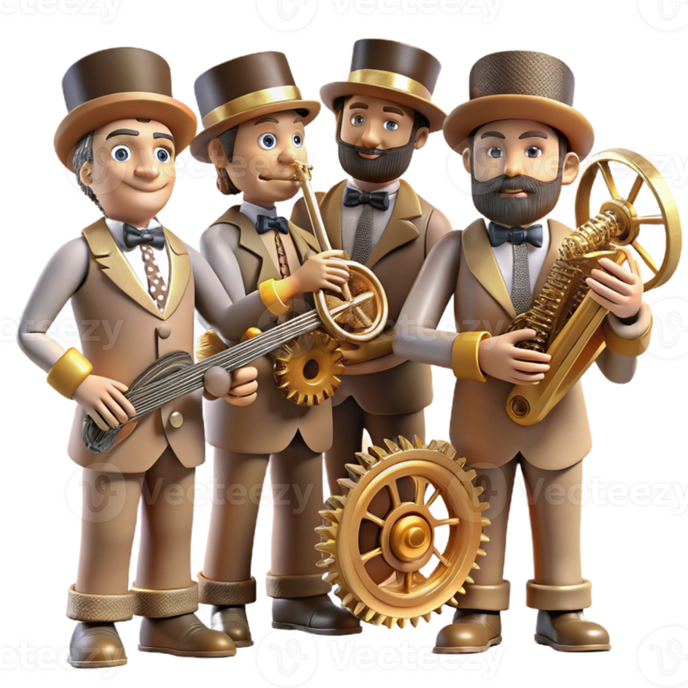 magnificent artistic A group of steampunk musicians playing brass instruments with integrated gears and pipes, stage lighting, art nouveau style authentic png