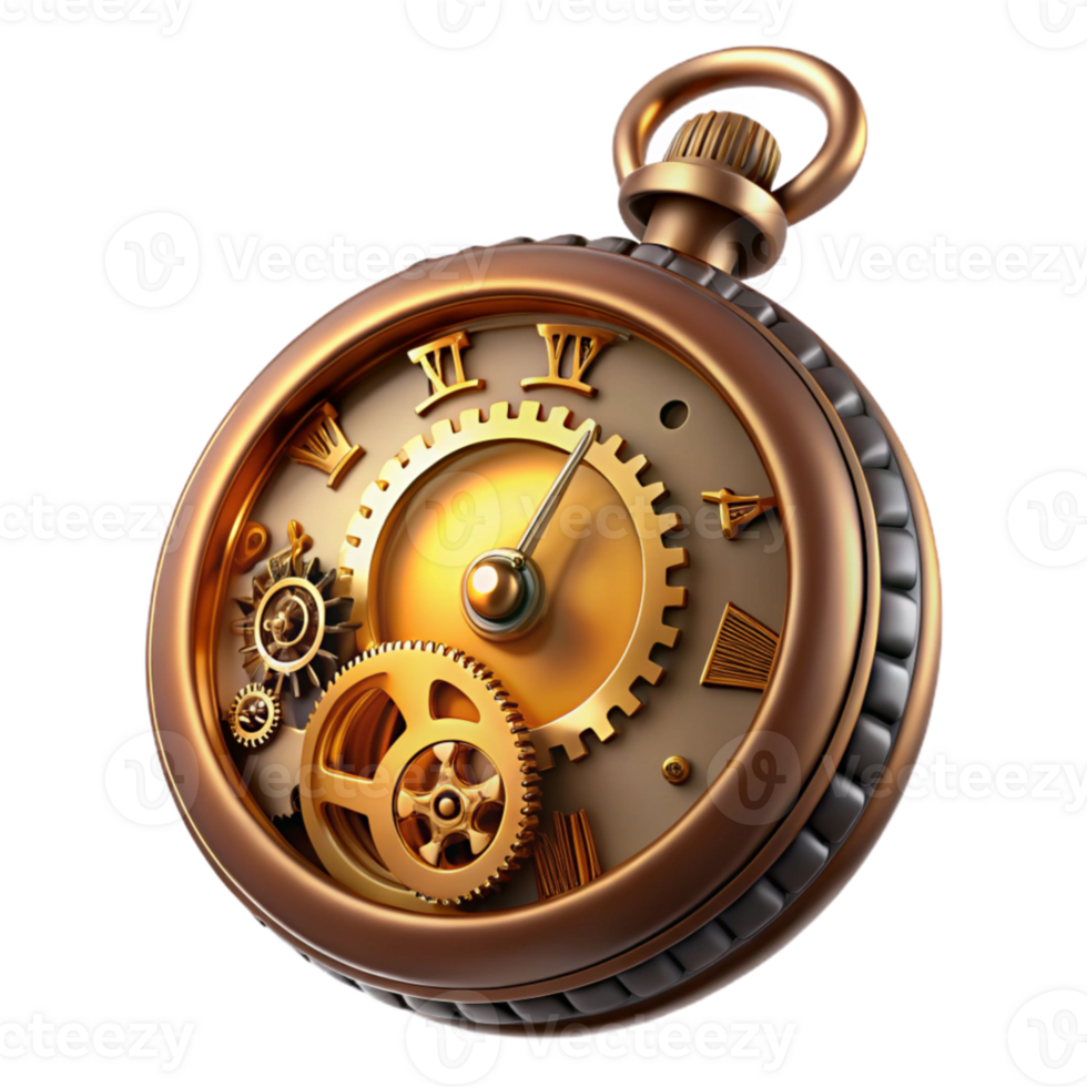 stunning traditional A steampunk pocket watch with intricate gears and Roman numerals, dramatic spotlighting, photorealistic style authentic png