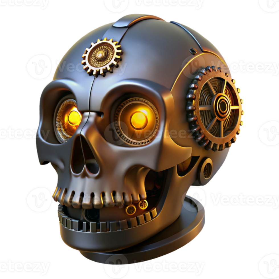 impressive classic A steampunk automaton resembling a human skull, intricate gears and glowing eyes, dark, moody lighting, gothic style professional png