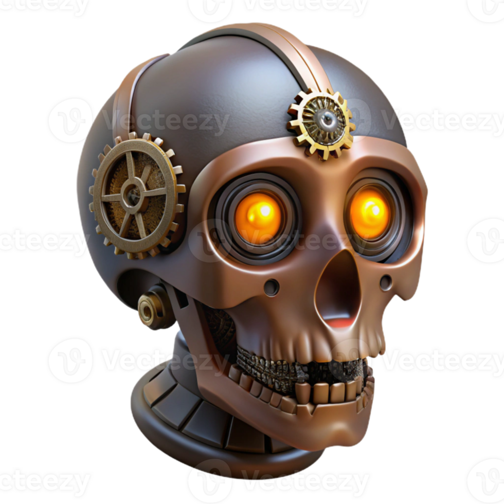 vibrant rustic A steampunk automaton resembling a human skull, intricate gears and glowing eyes, dark, moody lighting, gothic style high resolution png