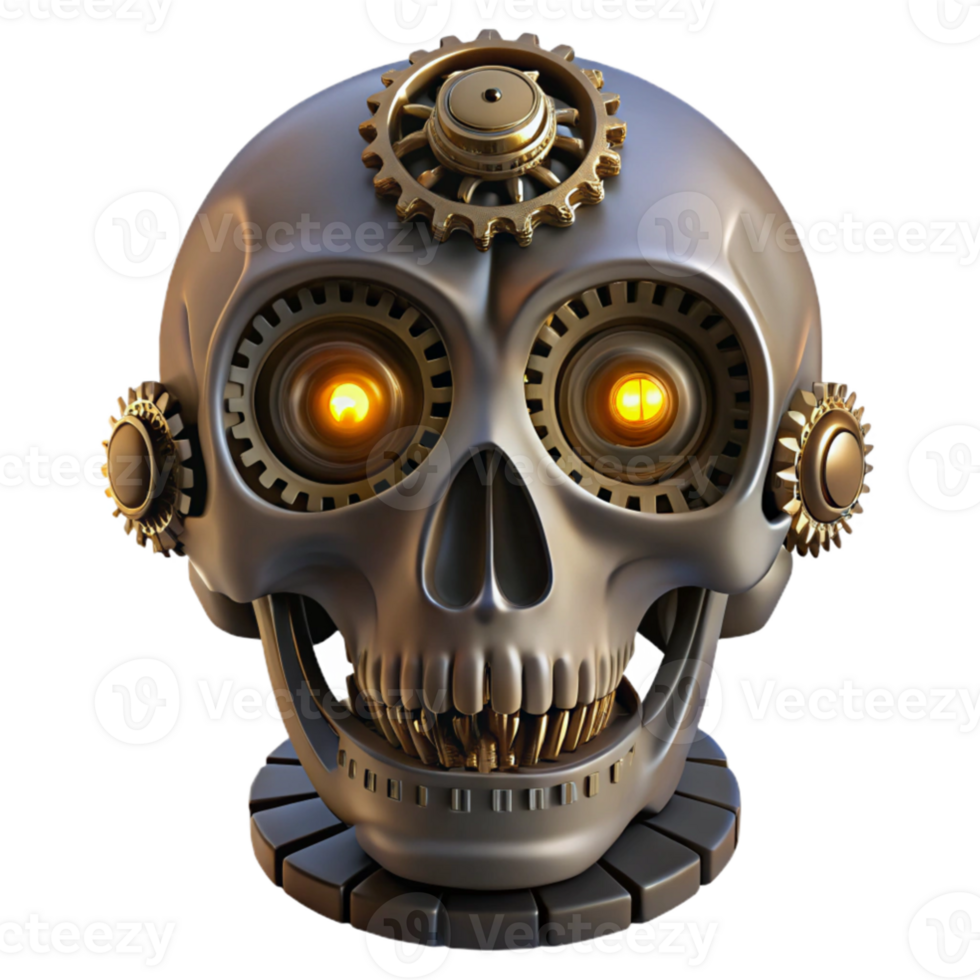 serene traditional A steampunk automaton resembling a human skull, intricate gears and glowing eyes, dark, moody lighting, gothic style premium png