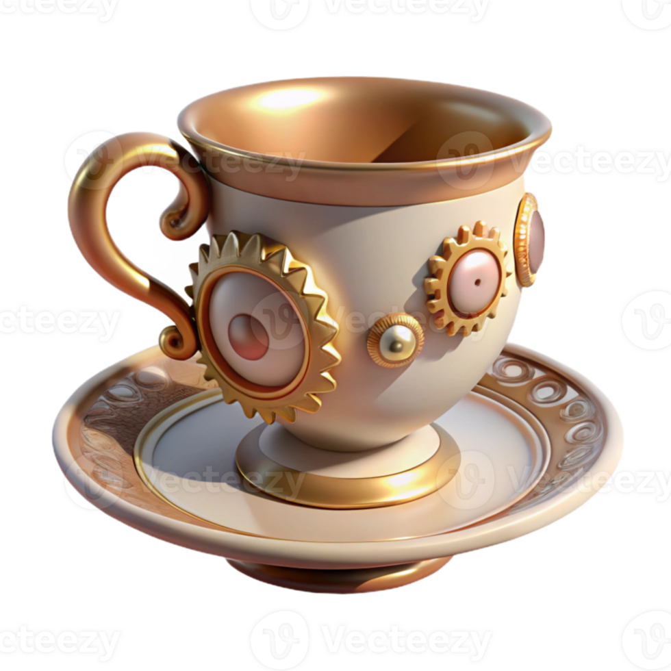 beautiful rustic A steampunk teacup and saucer, intricate filigree and delicate porcelain, soft, diffused lighting, Victorian style 4K png