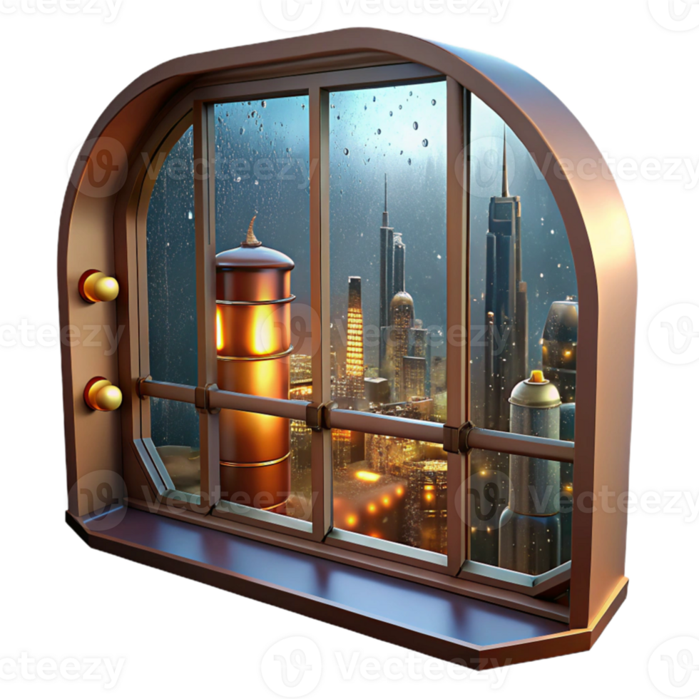 vibrant vintage A steampunk cityscape viewed through a rain-streaked window, warm interior lighting reflecting on the glass, impressionistic style high quality png