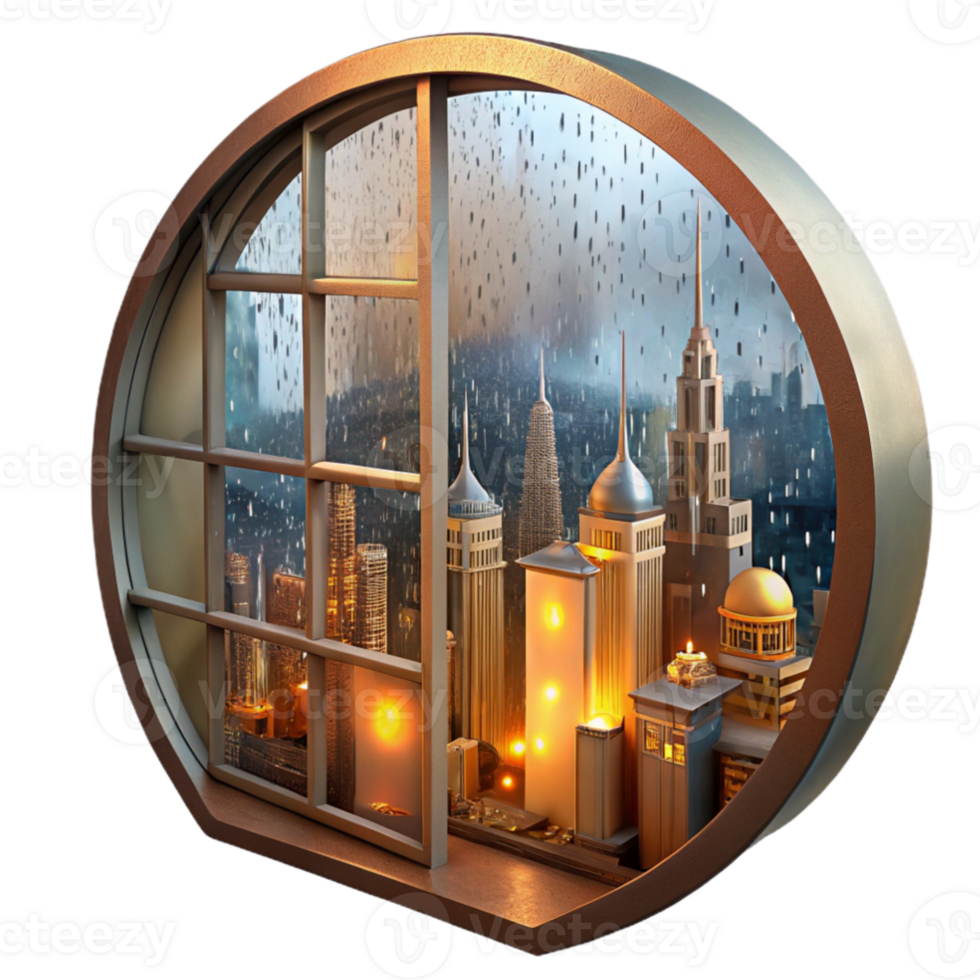 impressive traditional A steampunk cityscape viewed through a rain-streaked window, warm interior lighting reflecting on the glass, impressionistic style high resolution png