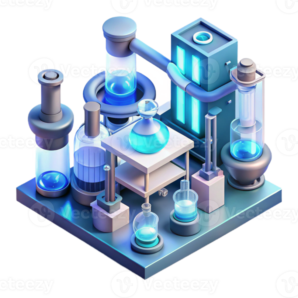 magnificent artistic A futuristic laboratory filled with glowing test tubes and complex machinery, sterile and clean, isometric view, blueprint style, genuine png