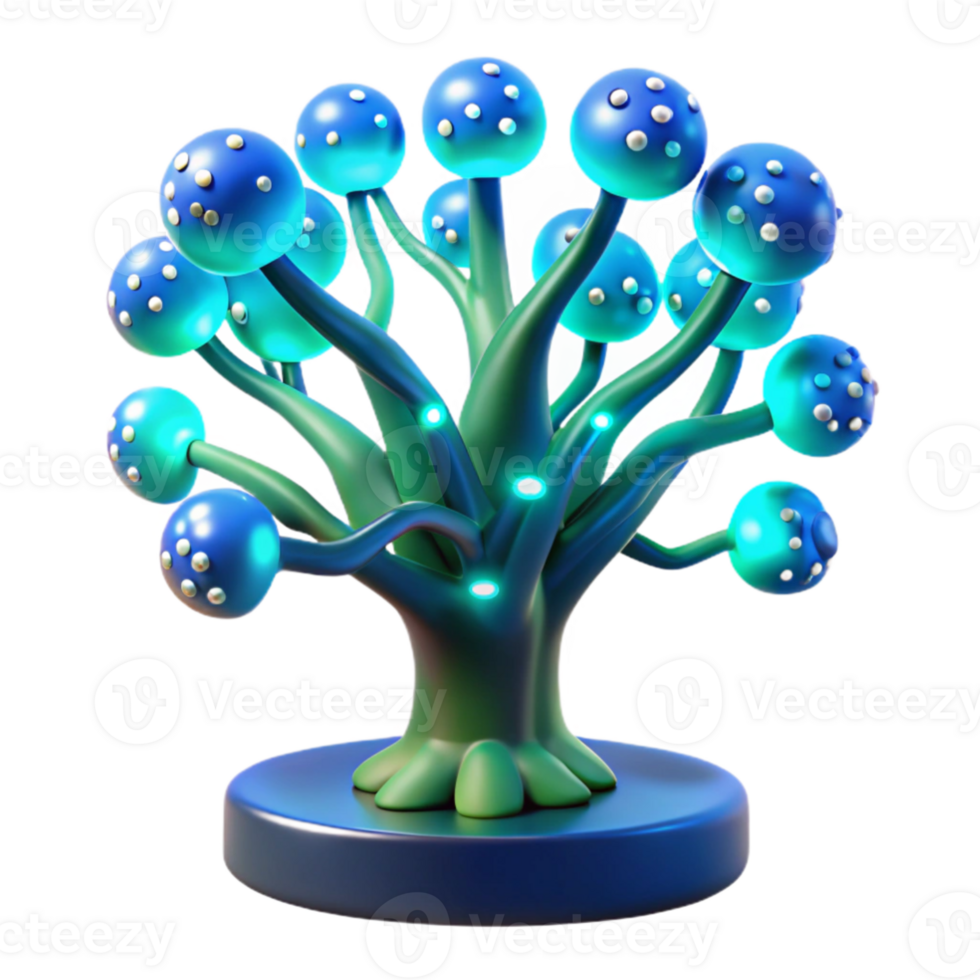 dramatic creative A bioluminescent tree with integrated circuit branches, glowing blue and green, mystical forest setting, fantasy style authentic png