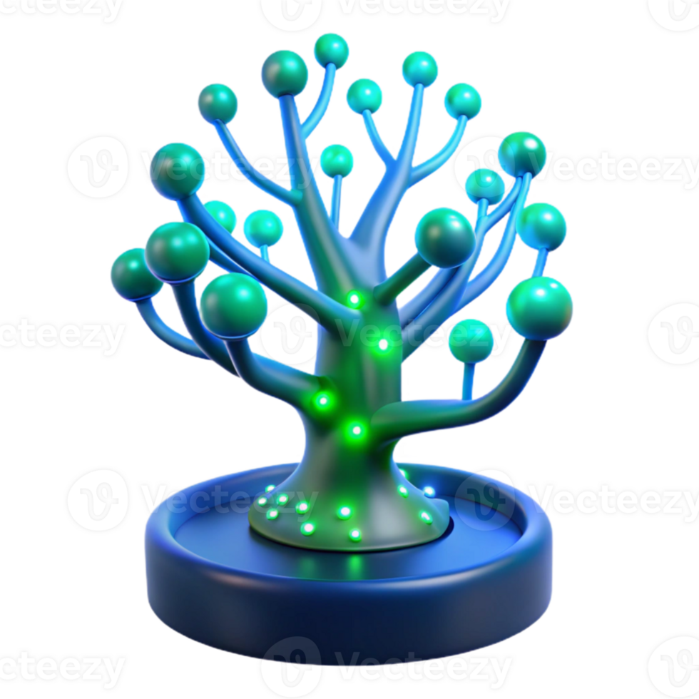 vibrant contemporary A bioluminescent tree with integrated circuit branches, glowing blue and green, mystical forest setting, fantasy style premium png