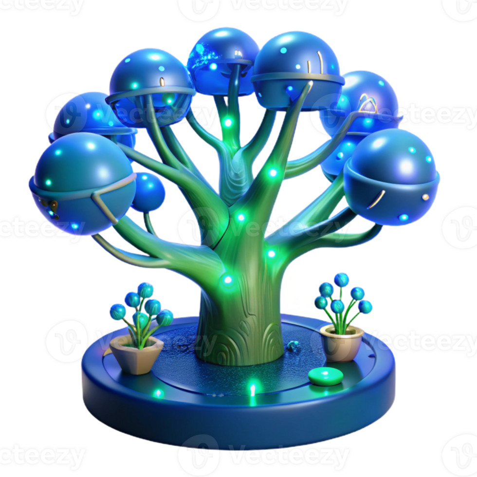stunning artistic A bioluminescent tree with integrated circuit branches, glowing blue and green, mystical forest setting, fantasy style genuine png